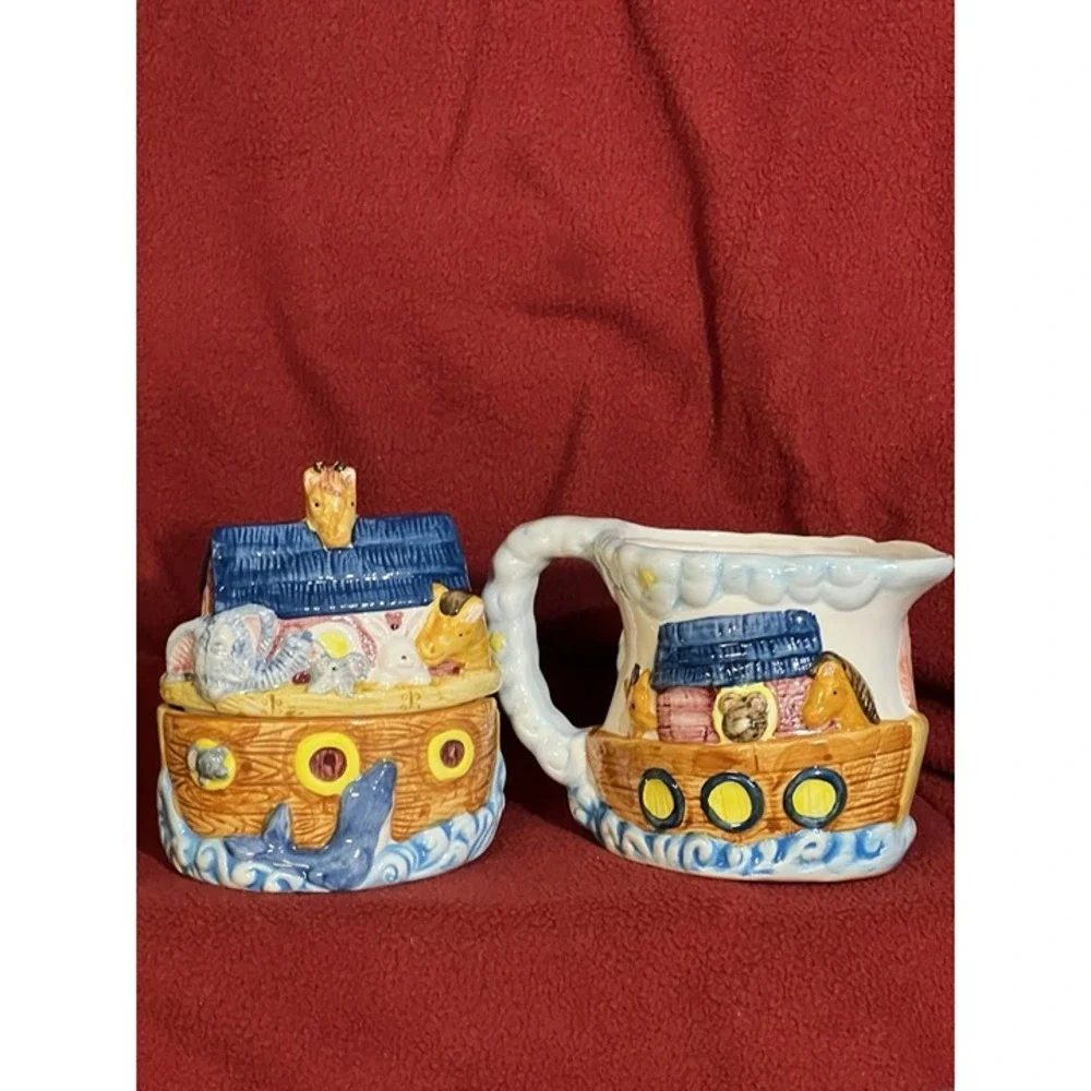 Noah's Ark Ceramic Sugar & Creamer and Cookie Jar 3‎ Piece Set (2039)